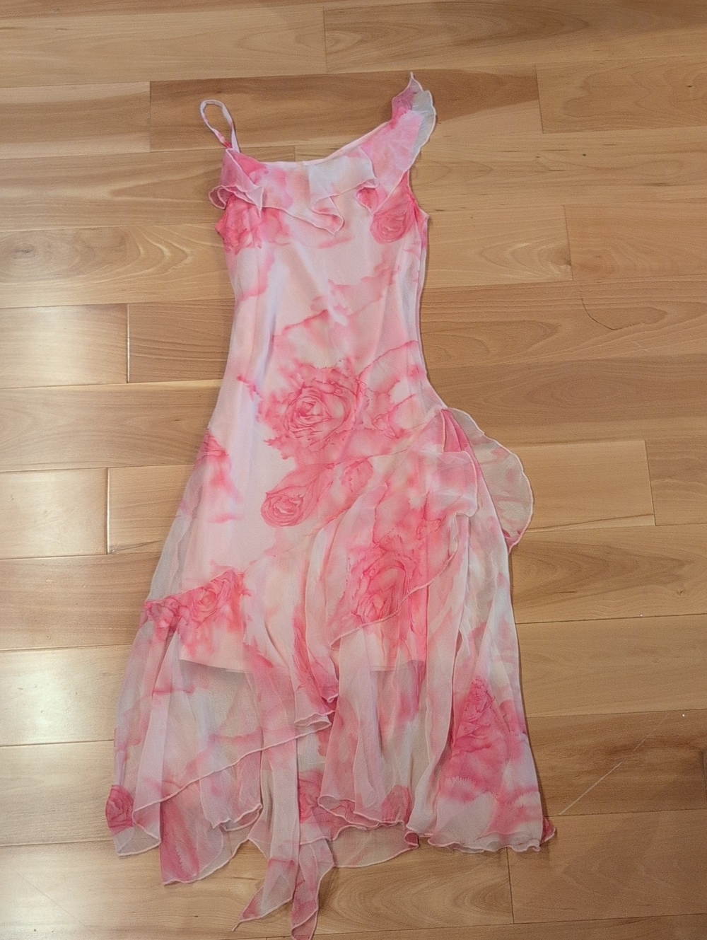 One-Shoulder Pink Floral Ruffle Evening Dress